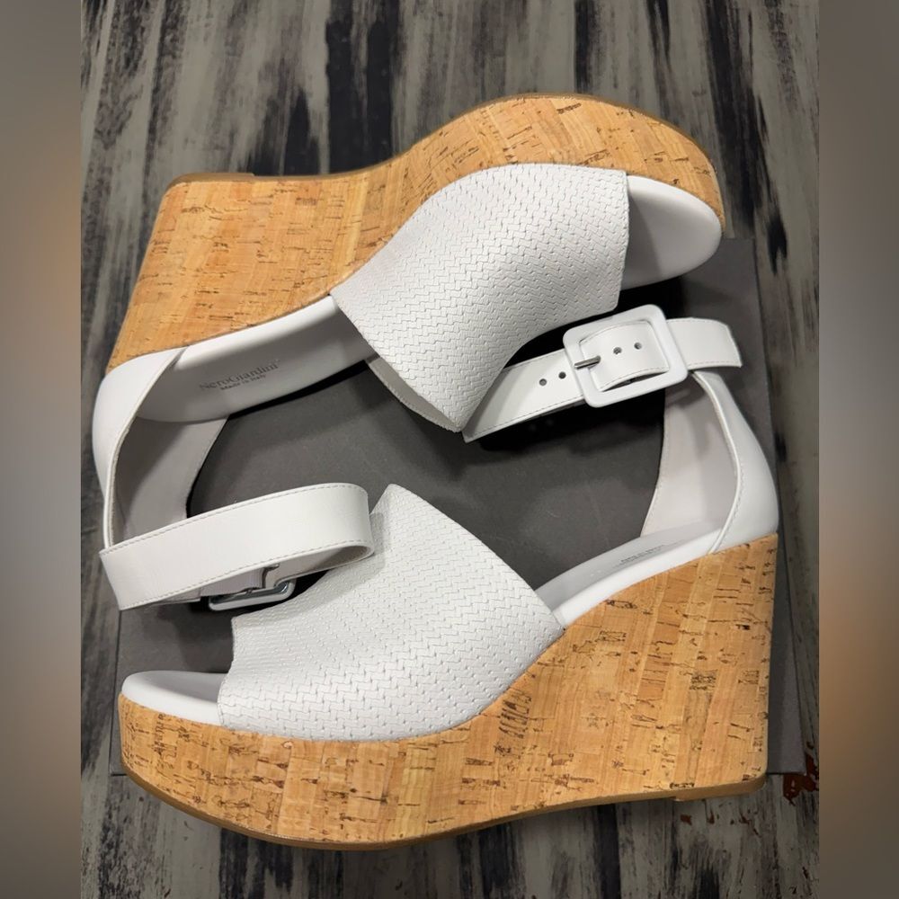 Nero Giardini Loira Bianco Textured Leather Platform Cork Ankle Strap Wedges - Picture 5 of 12